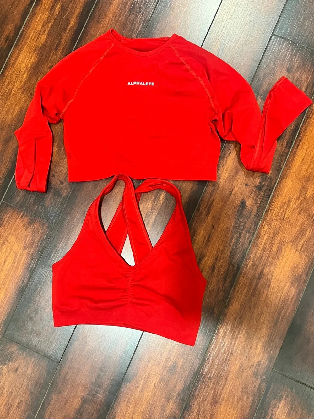 Alphalete Red Long-Sleeve Crop Top & Cross-Back Sports Bra Set